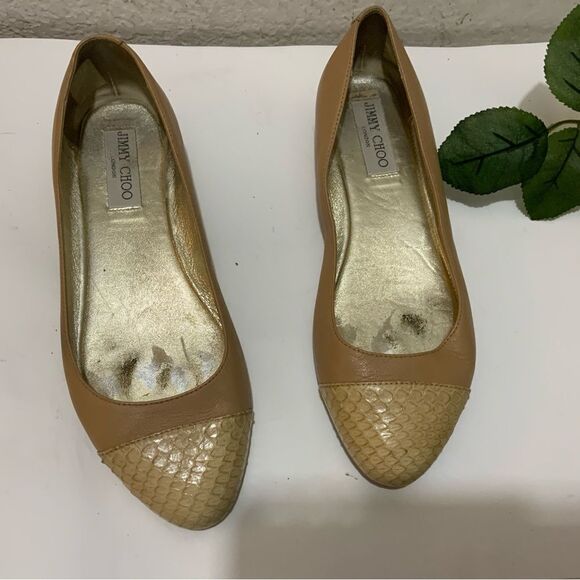 JIMMY CHOO Nude Leather & Python Cap Toe Ballet Flats Neutral Size EU 37.5, US 7 - Picture 4 of 16